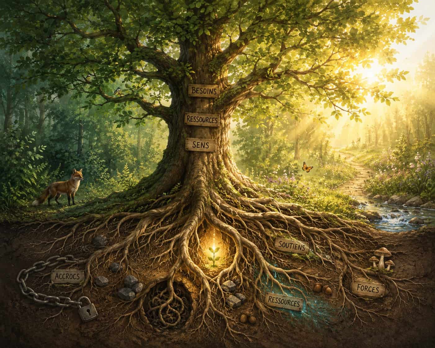 Illustration d'un arbre symbolisant les besoins, ressources et forces de la personne accompagnée